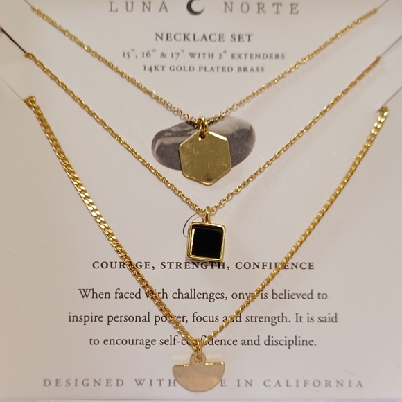 3 NECKLACES LUNA NORTE HEALING GEMSTONE BLACK ONYX PENDANT GEOMETRIC NECKLACES - Picture 3 of 7